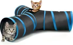 Katten Tunnel, Opvouwbaar, 3-weg Katten Tunnel, Speeltunnel, Ritstunnel, Kattenspeelgoed Met Pompons En Belletjes, Voor Honden, Puppy, Konijn, 25 X 40 Cm, Zwart En Lichtblauw