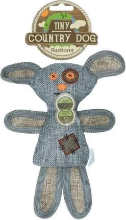 Country Dog Tiny Buttons – Honden Speelgoed – Honden Speeltje Met Piepgeluid – Honden Knuffel Gemaakt Van Duurzame Materialen – Dubbel Gestikt – Extra Lagen – Voor Trek Spelletjes Of Apporteren – Grijs/Blauw – 21cm