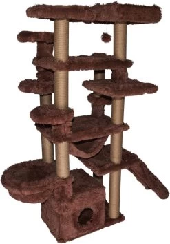 Topmast Krabpaal Fluffy Malta – Bruin – 166 X 65 X 173 Cm – Krabpaal Voor Grote Katten En Zware Katten – Met Kattenhuis En Hangmat – Stevig Sisal Touw